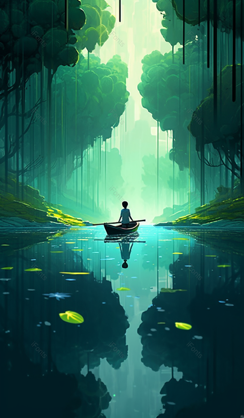 阴暗绿色树林树木从中小河小溪倒影一只船一个人慢慢前行缓慢舒适插画,插画/手绘图,插画/手绘图库,插画/手绘图下载,插画/手绘